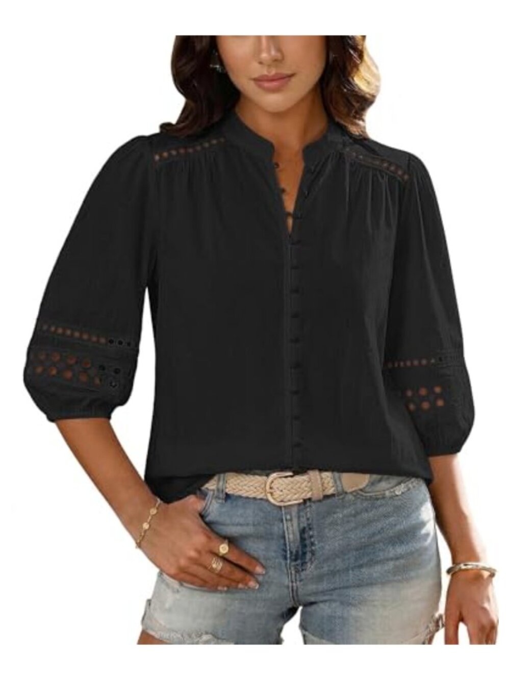 Cotton Eyelet Button Down Blouse 3/4 Puff Sleeve Mandarin Collar
